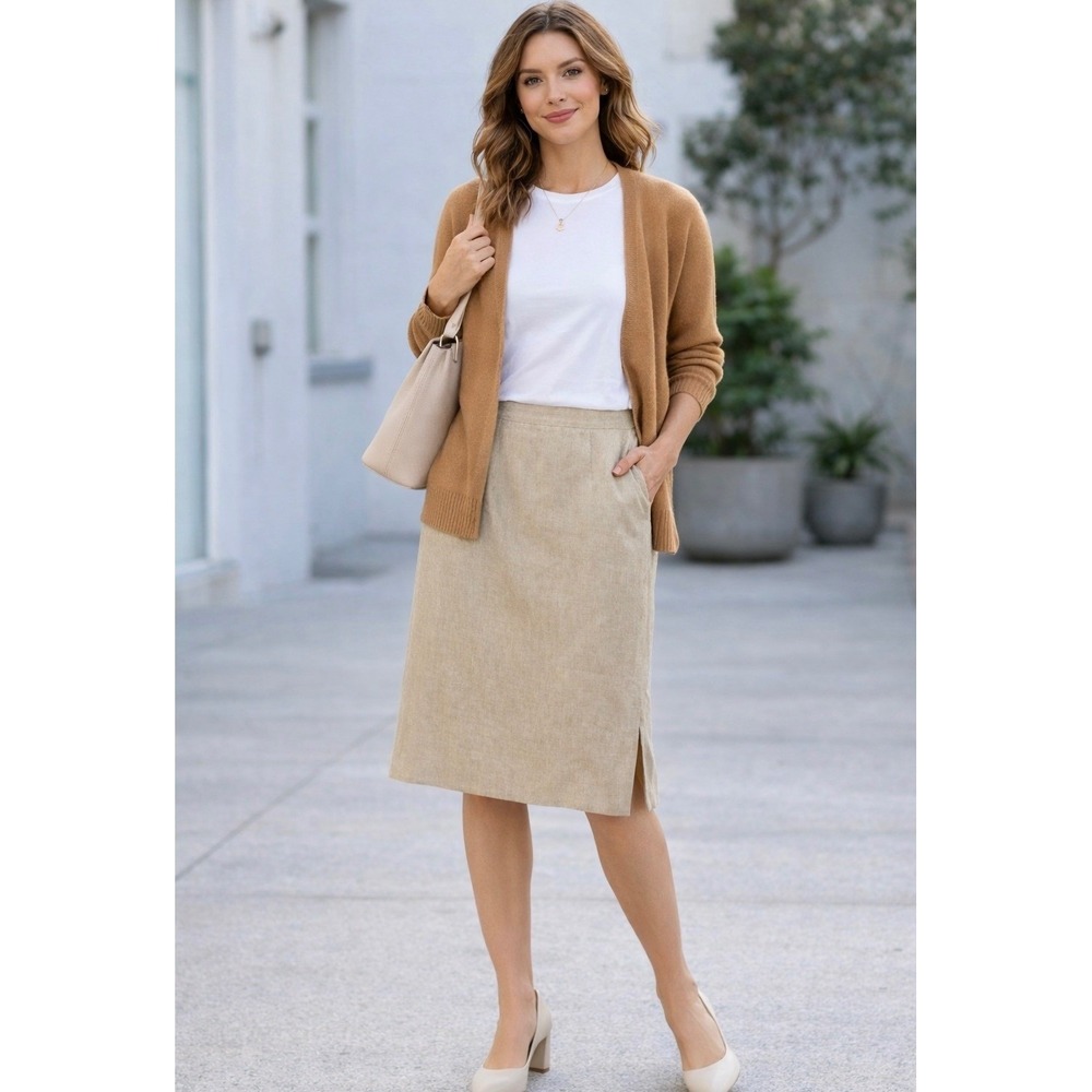 Kate Hill Linen Blend Beige Skirt Knee Length Side Slits Casual Workwear Size 14